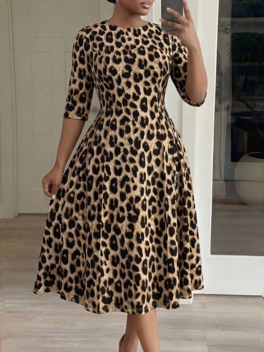 Multicolor Elegant Women's Leopard Print Round Neck 3/4 Sleeve Midi Dress